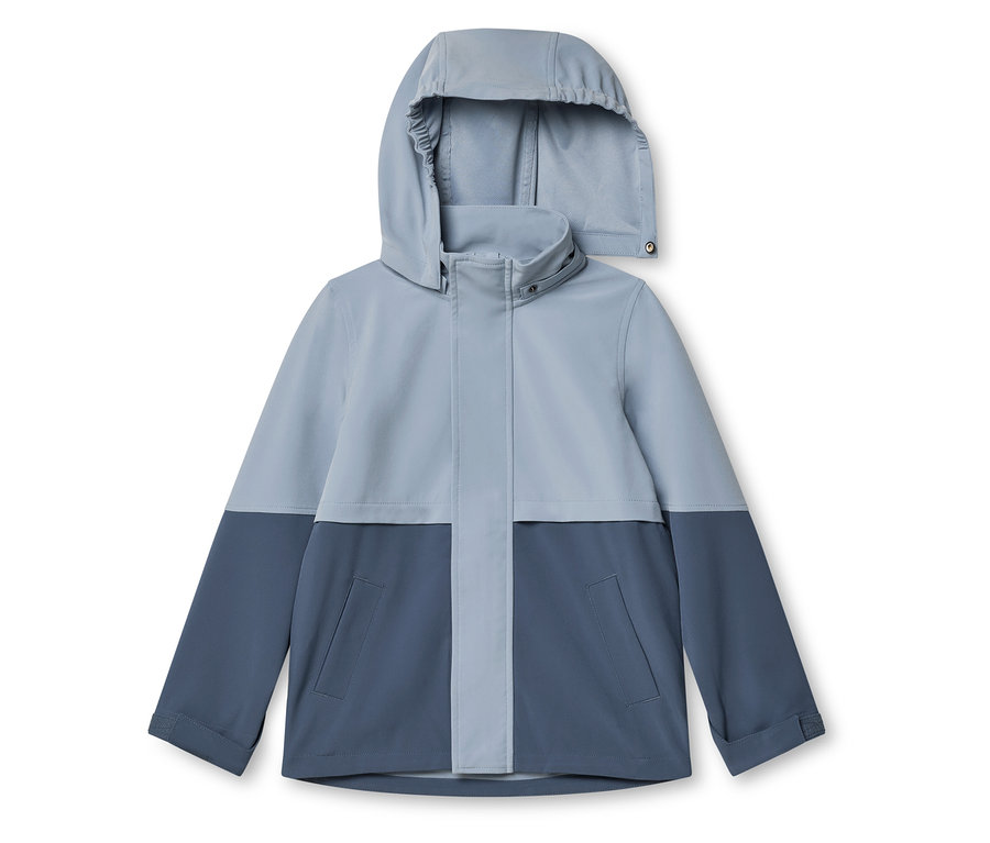 Dvoubarevná bunda v modré barvě s kapucí, pohled zepředu.