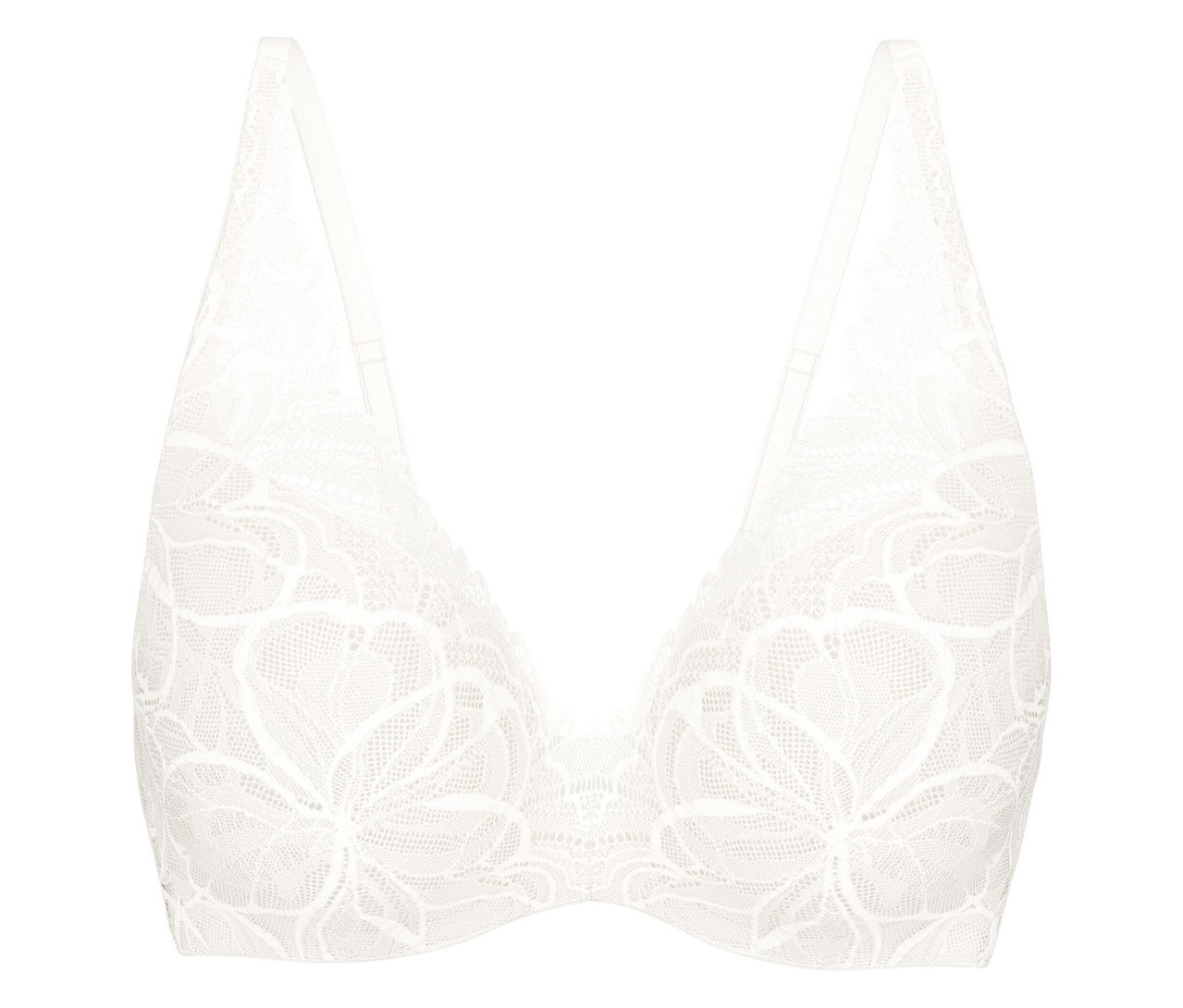 Bílá podprsenka Triumph Body Makeup Illusion Lace WP s květinovým krajkovým vzorem a tenkými ramínky.