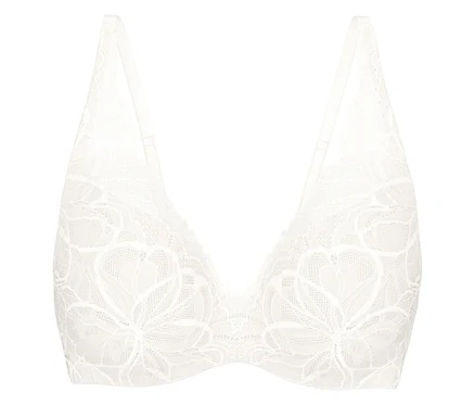 Bílá podprsenka Triumph Body Makeup Illusion Lace WP s květinovým krajkovým vzorem a tenkými ramínky.