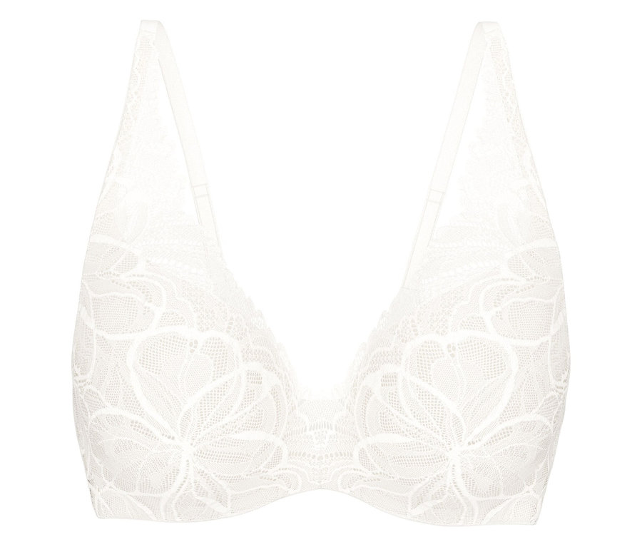 Bílá podprsenka Triumph Body Makeup Illusion Lace WP s květinovým krajkovým vzorem a tenkými ramínky.