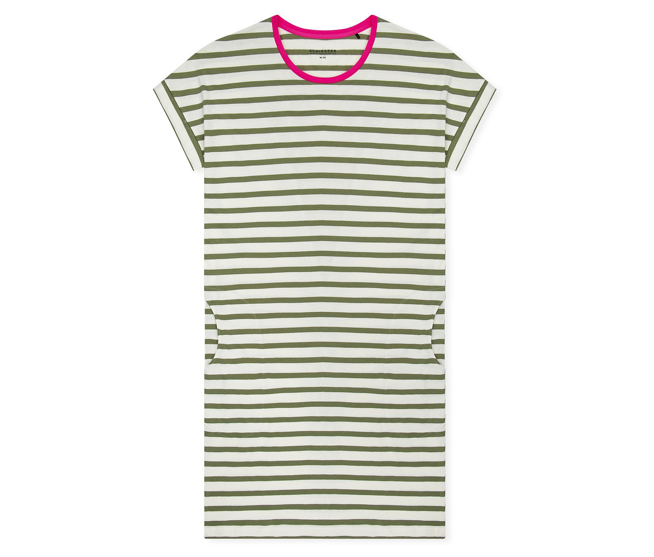 Noční košile SCHIESSER, bílá s olivově zelenými pruhy, růžovým kulatým výstřihem, krátkými rukávy a dvěma bočními kapsami.