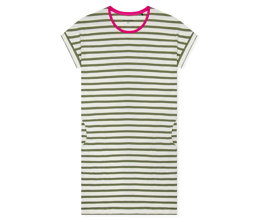Pruhované tričkové šaty v zeleno-bílé barvě s růžovým výstřihem leží na bílém pozadí.