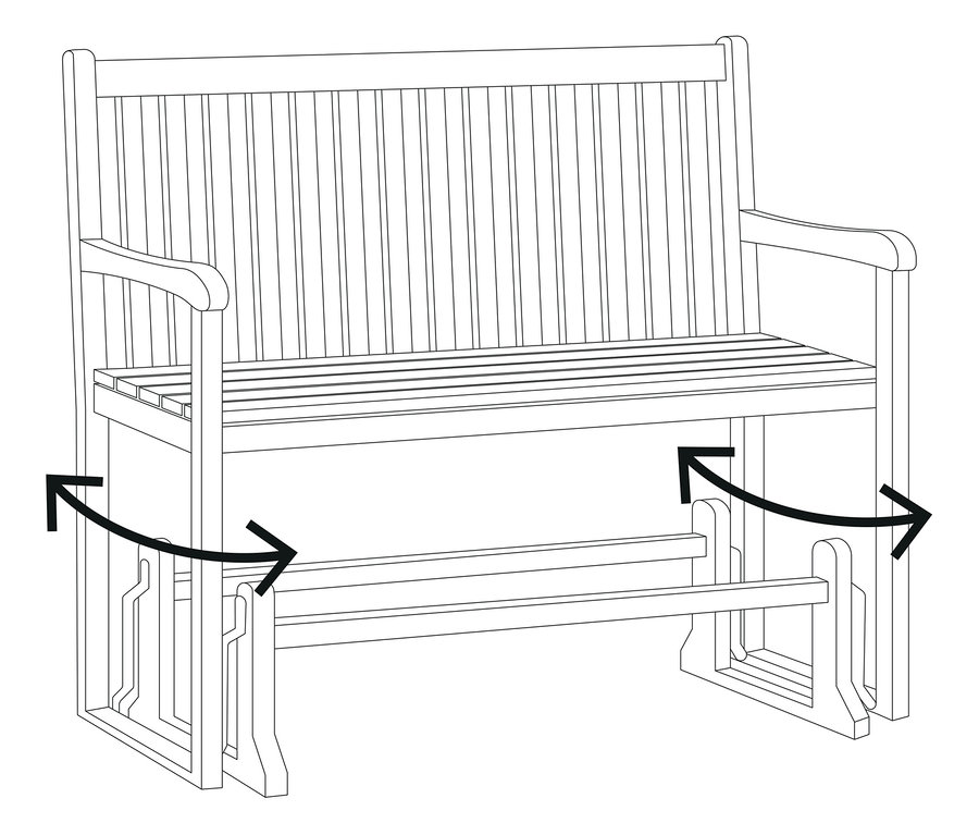 Nákres zahradní lavice s houpavým pohybem naznačeným šipkami.