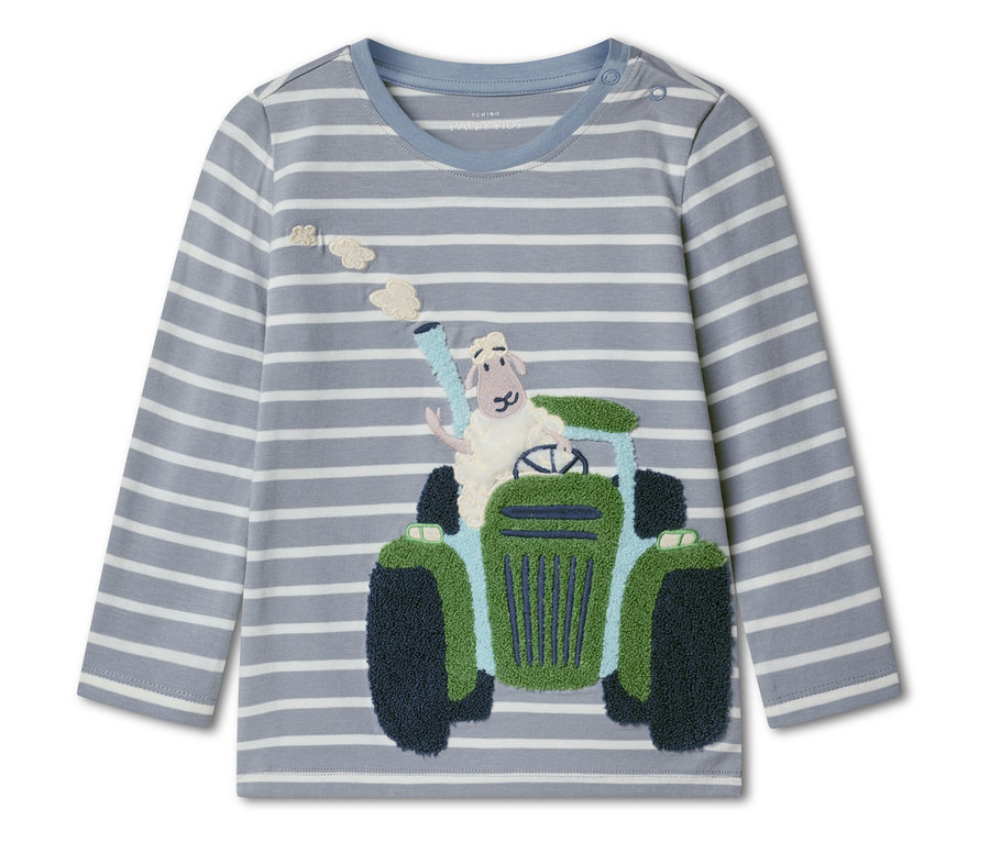 Tričko s dlouhým rukávem se šedo-bílými pruhy a vyšívanou ovcí jedoucí na zeleném traktoru.