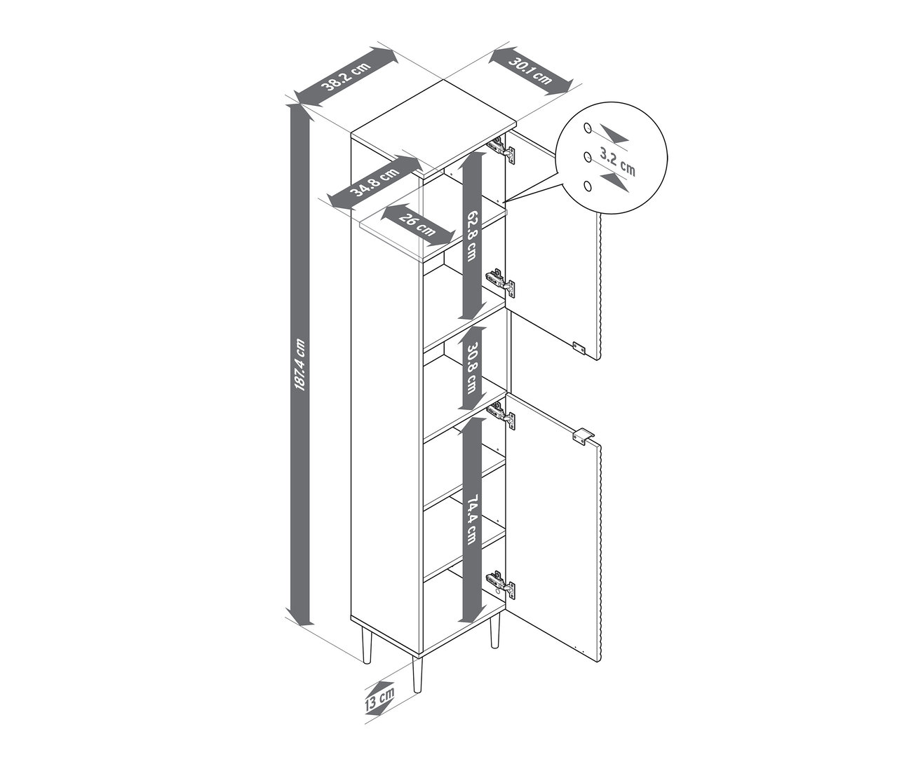 Nákres vysoké koupelnové skříňky »SONARI« s dvířky a rozměry.