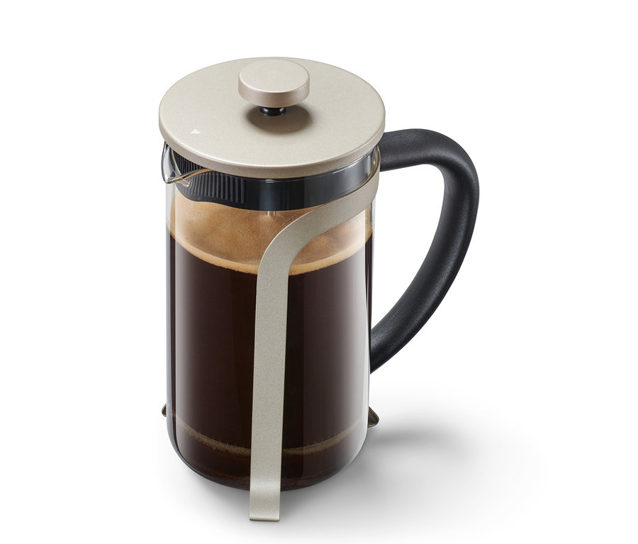 Konvička french press 800 ml, 6 šálků, barvy šampaň stojí na bílém pozadí.