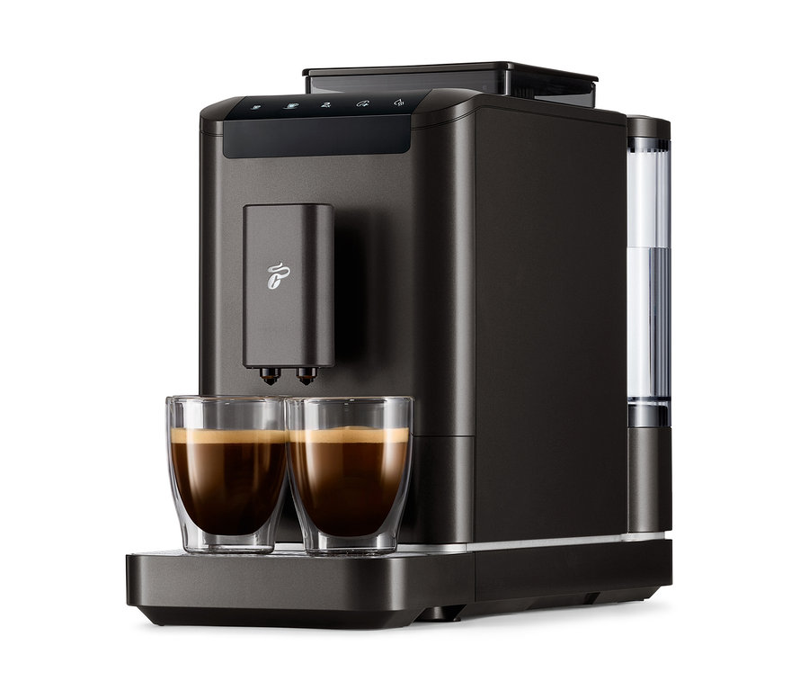 Černý kávovar »Esperto2 Caffè« a dva šálky s kávou.