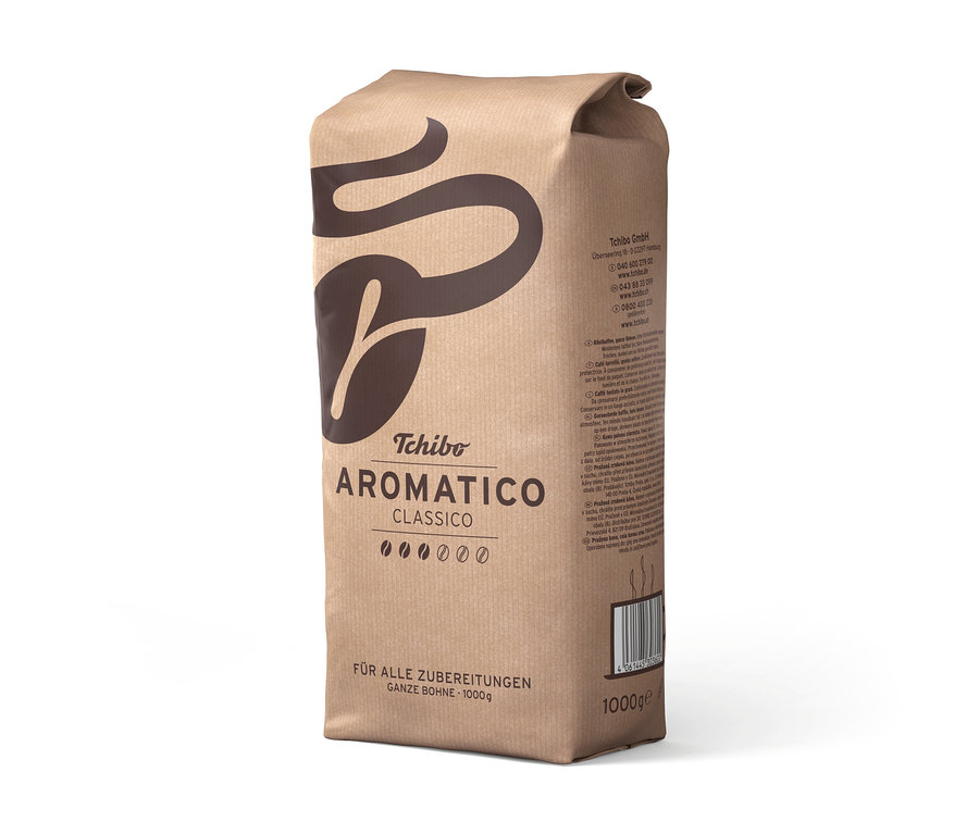 Stojící, neotevřené balení Aromatico Classico – 1 kg zrnkové kávy.