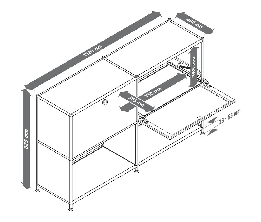 Nákres kovové odkládací skříňky se 2 přemístitelnými výklopnými dvířky a rozměry.