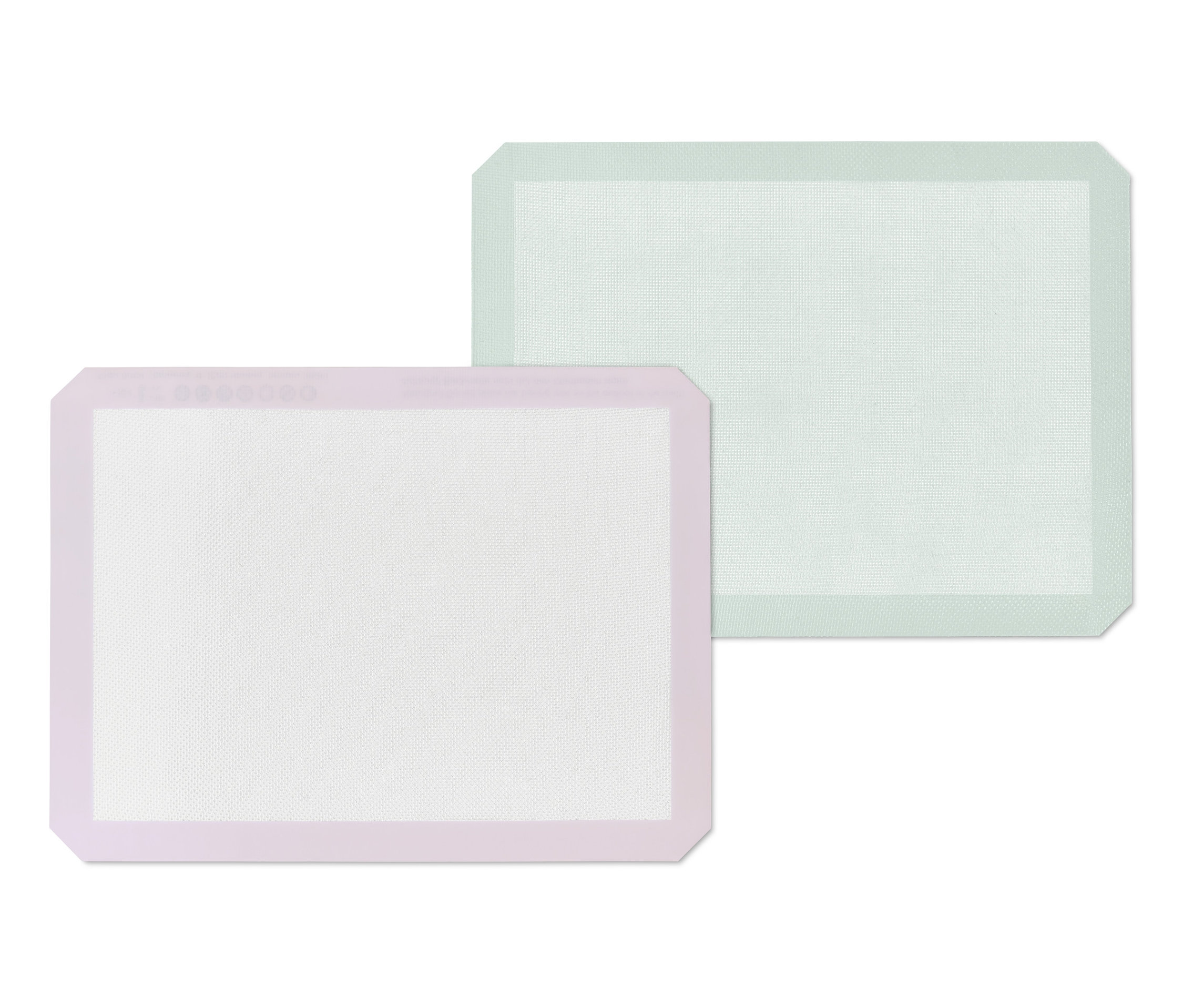 Dvě profesionální pečicí podložky pro opakované použití, jedna světle fialová a jedna světle zelená.