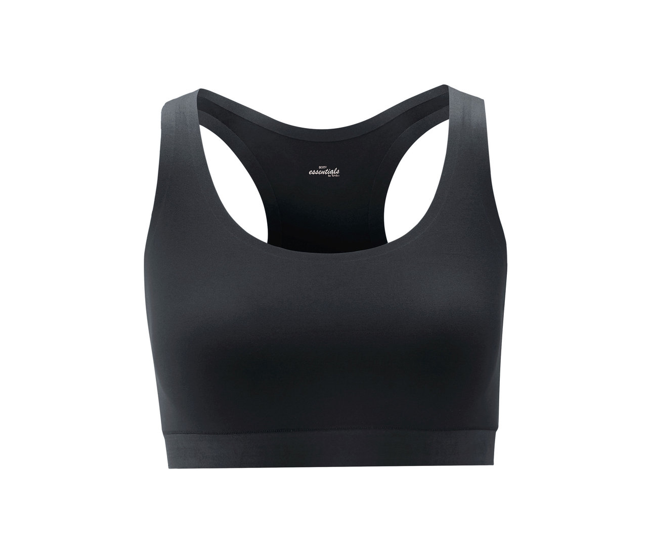 Černá pohodlná podprsenka na bílém pozadí.