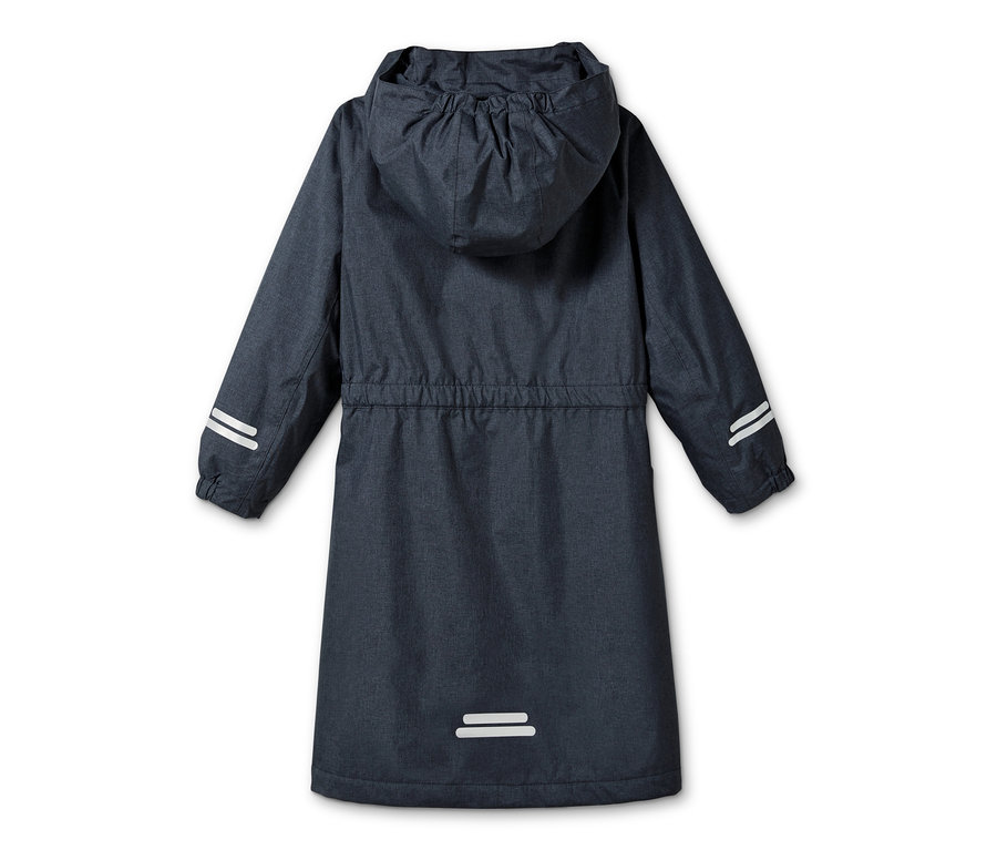 Tmavě modrá bunda v džínovém vzhledu do každého počasí s kapucí, dlouhými rukávy a reflexními prvky.