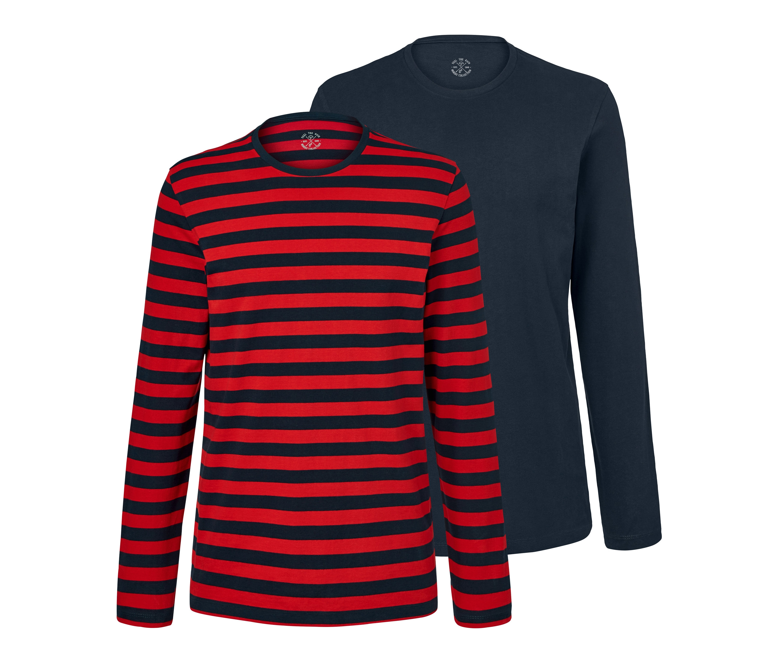 Dvě trička s dlouhým rukávem: červeno-modré proužky a modré.