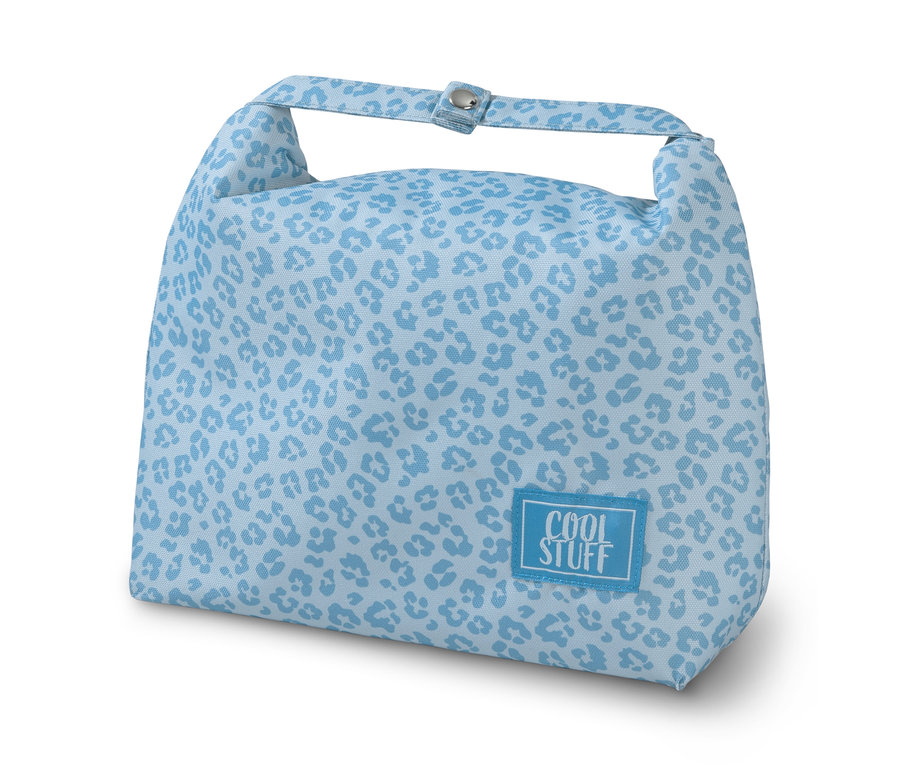 Chladicí svačinová taška s modrým zvířecím potiskem.