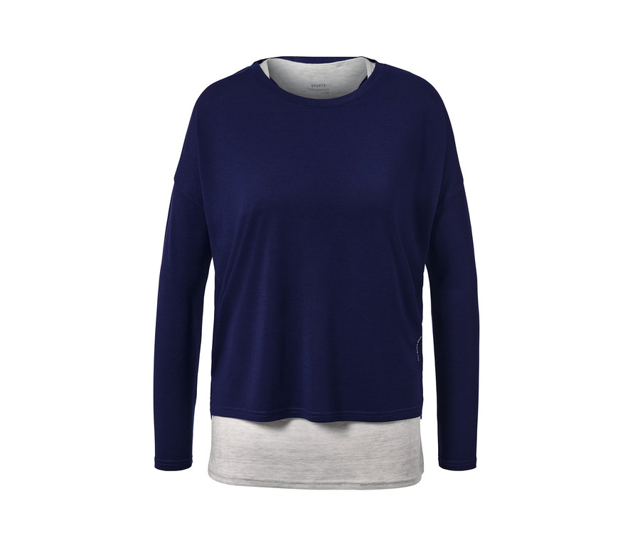 Tmavě modré sportovní tričko 2 v 1 s dlouhými rukávy a šedou vsadkou.