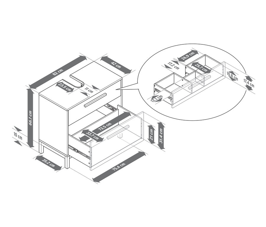 Schéma koupelnové skříňky pod umyvadlo »Eklund« se 2 zásuvkami a rozměry.