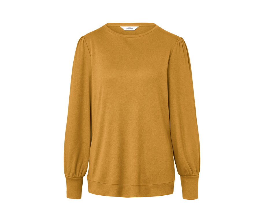 Hořčicově žluté triko z interlokové pleteniny s dlouhým rukávem.