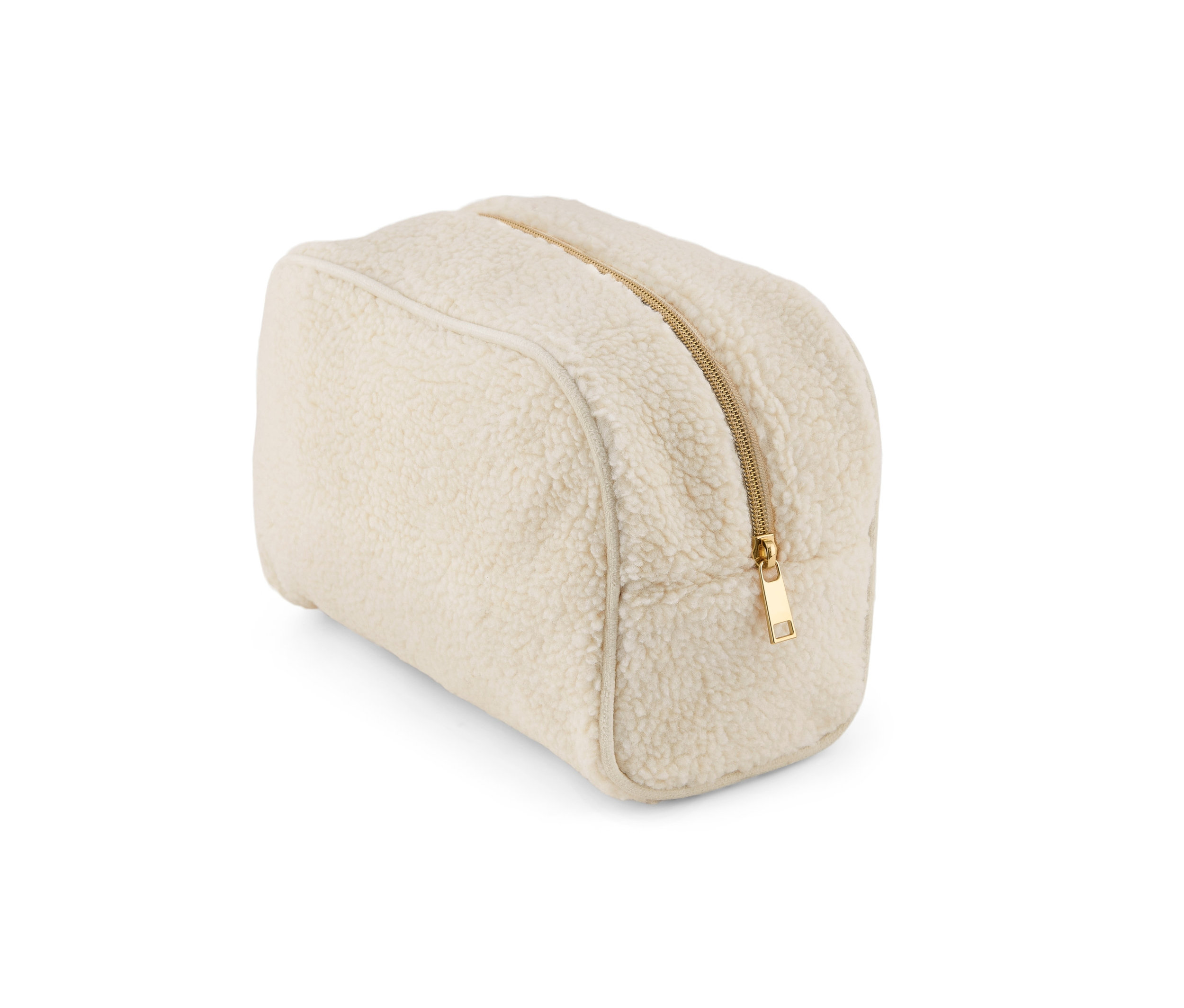 Krémová kosmetická taštička s texturovaným povrchem a zlatým zipem.
