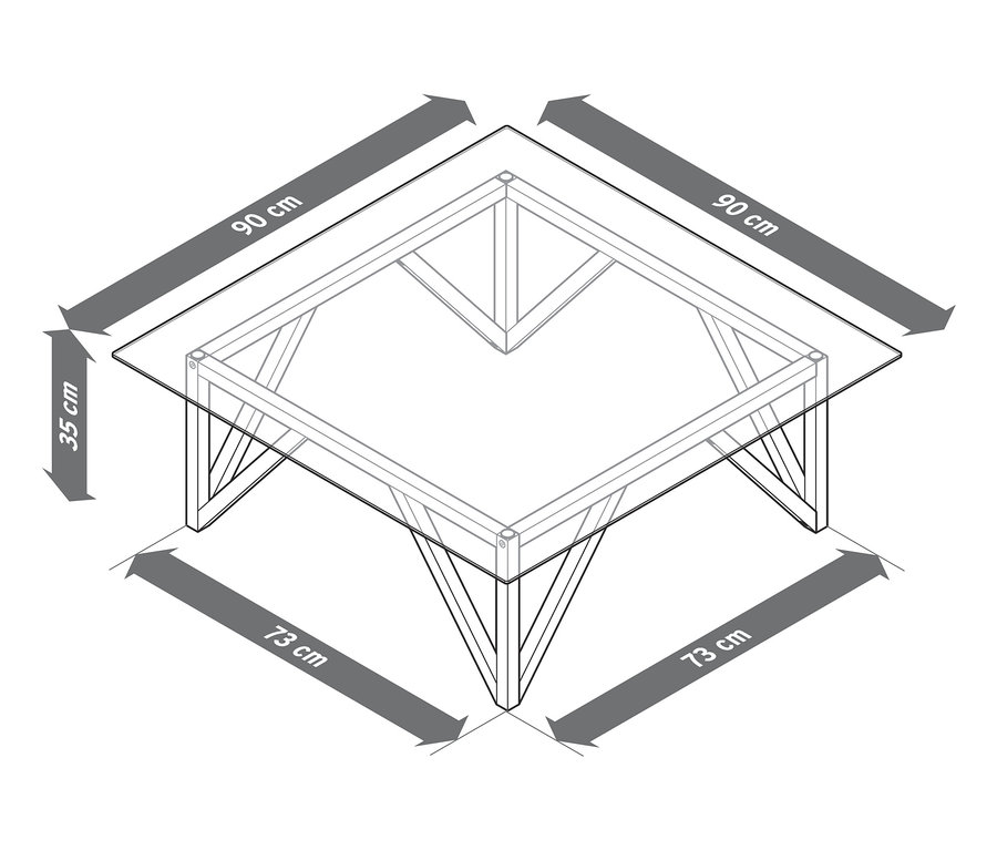Rozměry čtvercového konferenčního stolku s deskou ze skla: 90 cm x 90 cm, výška 35 cm.