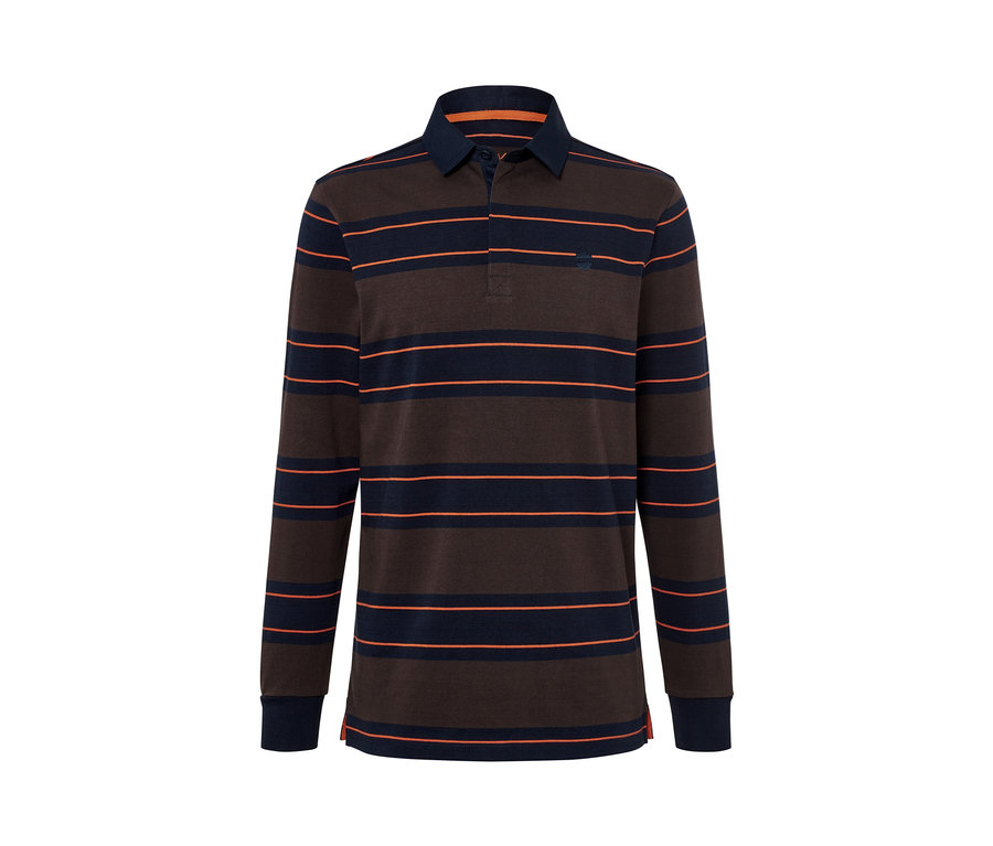 Hnědo-tmavě modrá pruhovaná polokošile s dlouhým rukávem.