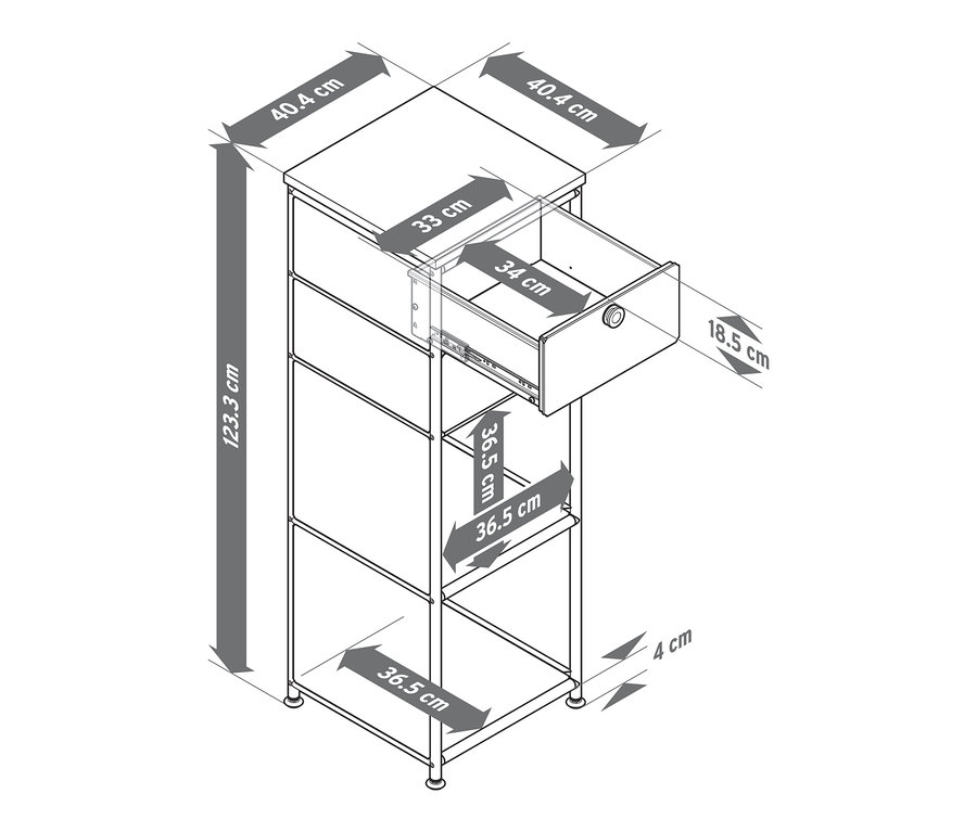 Nákres úzké bílé kovové komody »CN3« s dřevěnou deskou a 2 zásuvkami, jedna zásuvka je otevřená.