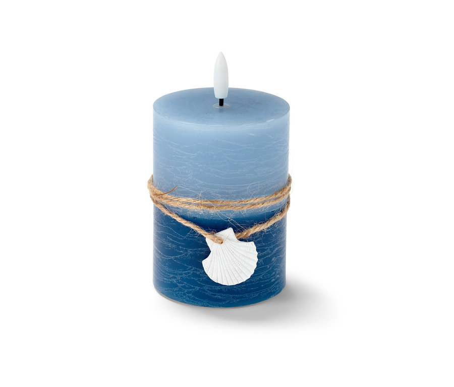 Modrá LED svíčka z pravého vosku "Mušle" s jutovým provázkem a ozdobou mušle.
