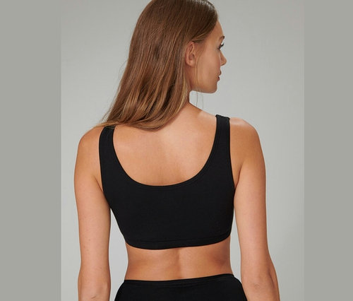 Pohled zezadu na ženu s hnědými vlasy, která má na sobě černou podprsenku s biobavlnou SCHIESSER.