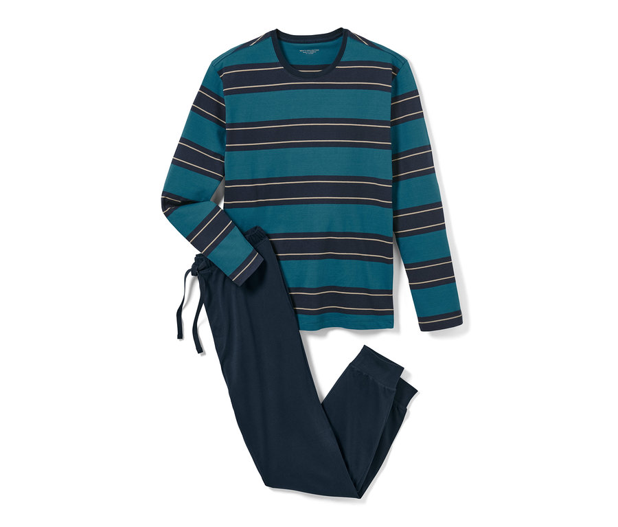 Položené pyžamo s dlouhým rukávem a kalhotami. Top je modrozelený s tmavě modrými a béžovými vodorovnými pruhy.