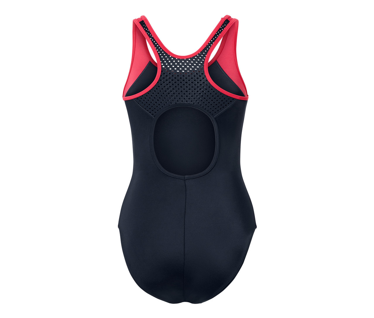 Detailní pohled zezadu na sportovní plavky modré barvy.