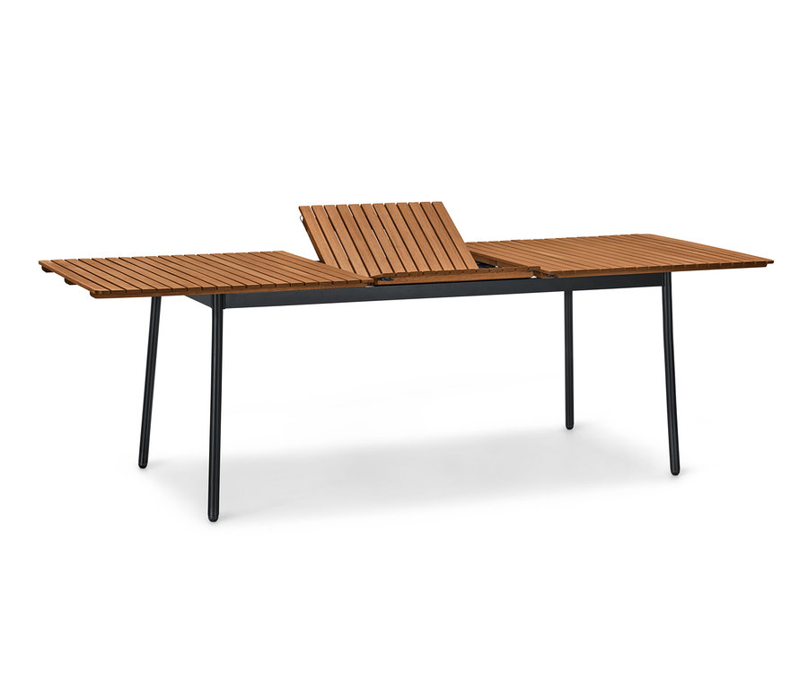 Rozkládací stůl »Elin« s hliníkovýma nohama a dřevěnou deskou, částečně rozložený.