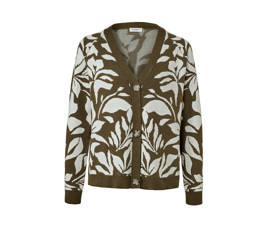 Hnědý kardigan z hrubé pleteniny se žakárovým vzorem s bílými listy.
