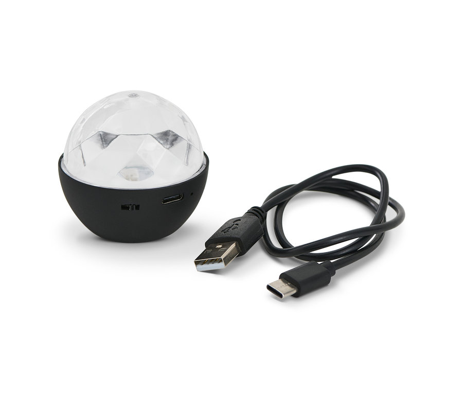 Mini diskokoule s černou základnou a USB kabelem.