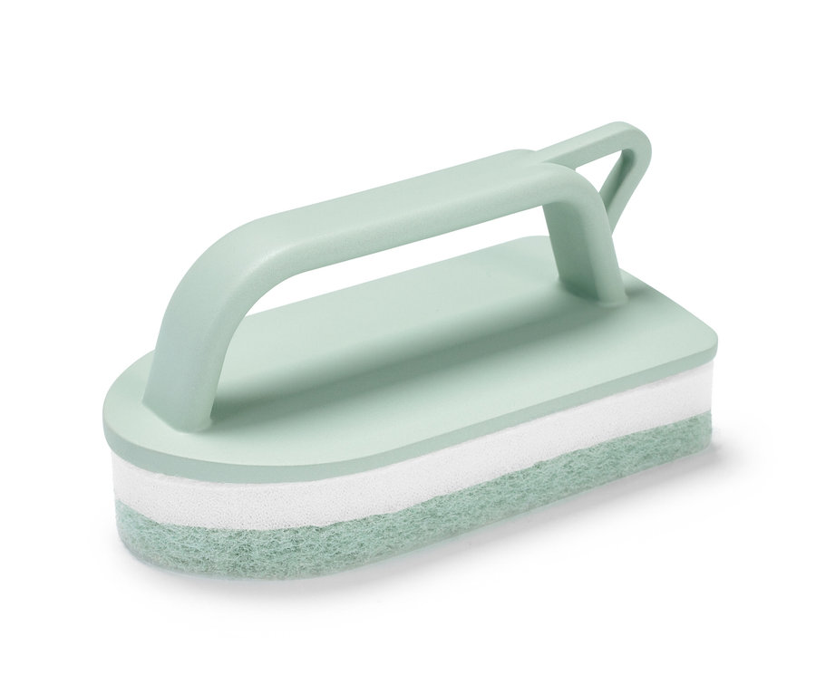 Kartáč na čištění dlaždic světle zelené barvy s bílou houbou uprostřed.