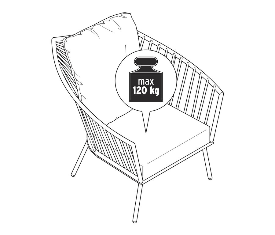 Ilustrace relaxačního křesla s textilním výpletem a maximální nosností 120 kg.