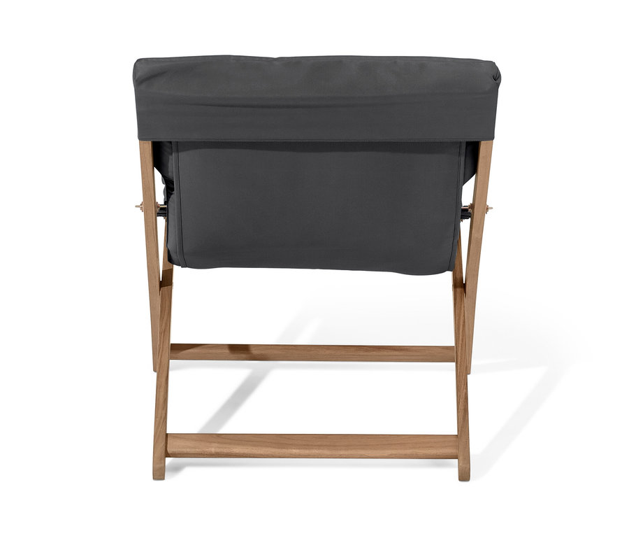 Pohled zezadu na antracitové skládací relaxační křeslo.