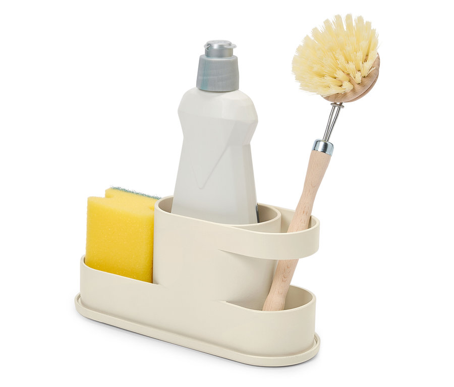 Odkládací prostor s houbičkou, lahví saponátu a kartáčem.
