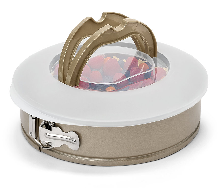 Dortová forma s ovocem, víkem a držadly.