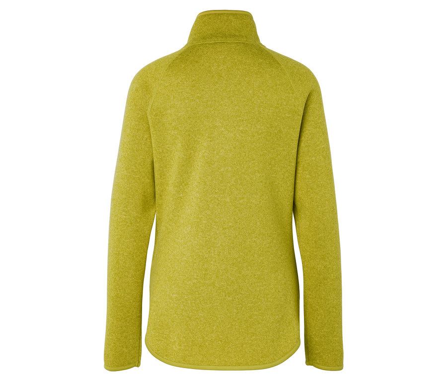 Zadní pohled na žlutozelenou fleecovou mikinu se zipem.