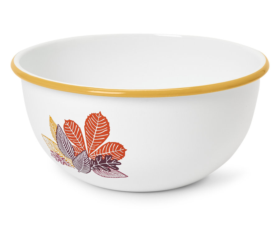 Bílá mísa s podzimním motivem listů a žlutým okrajem.