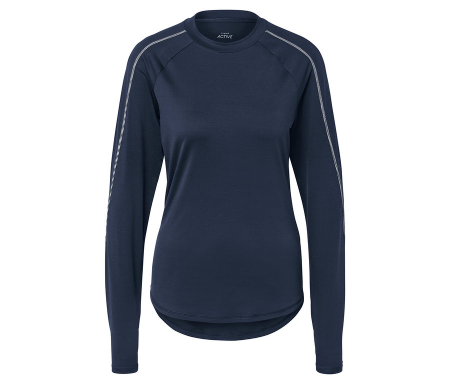 Tmavě modré tričko s dlouhým rukávem a bílými detaily na rukávech.