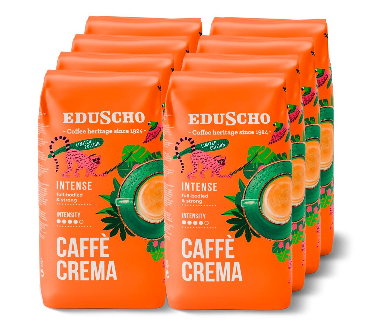 Osm balení zrnkové kávy Eduscho Caffè Crema Intense po 1 kg.
