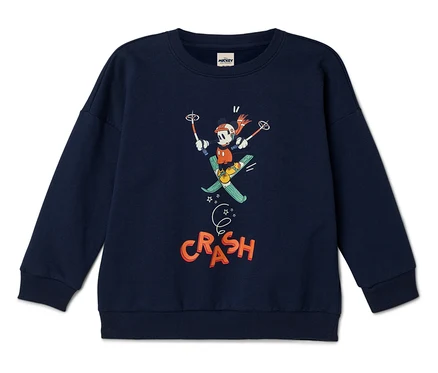 Tmavě modrá mikina s potiskem Mickey Mouse na lyžích a nápisem "Crash".