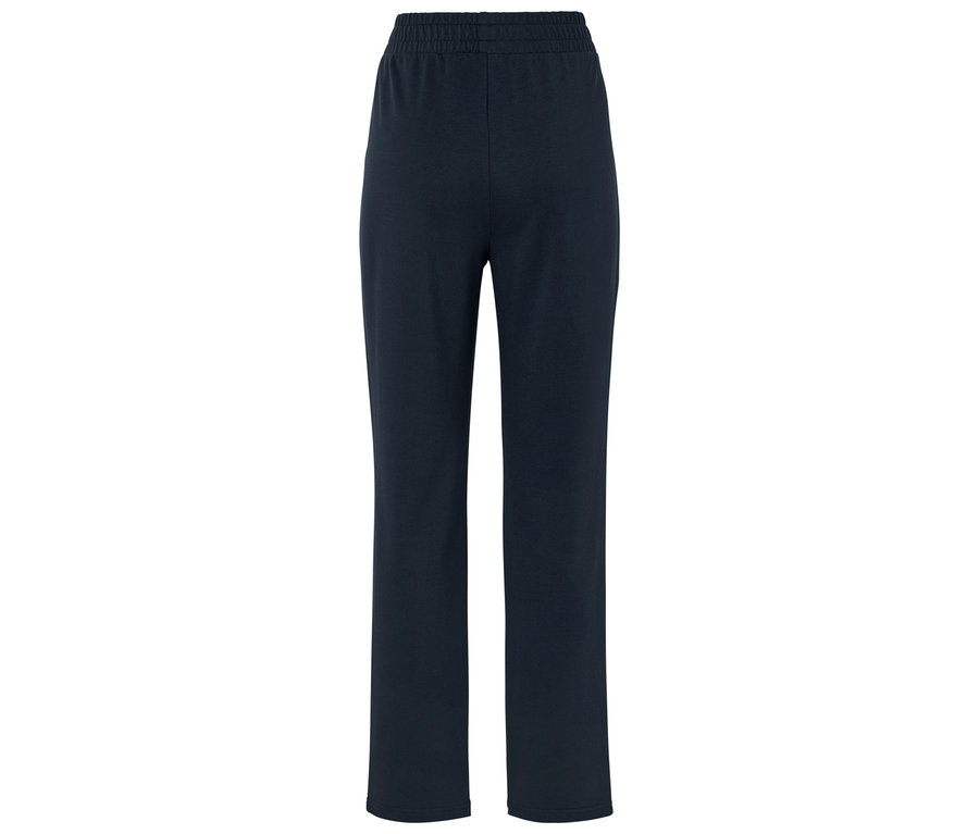 Tmavě modré kalhoty s elastickým pasem.