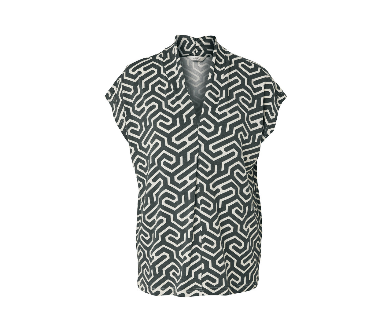 Zelené halenkové triko s výstřihem do V se vzorem.