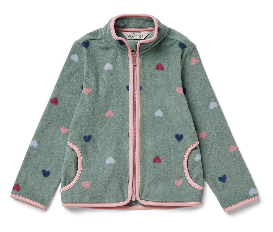 Zelená fleecová bunda se zipem a vzorem srdíček.