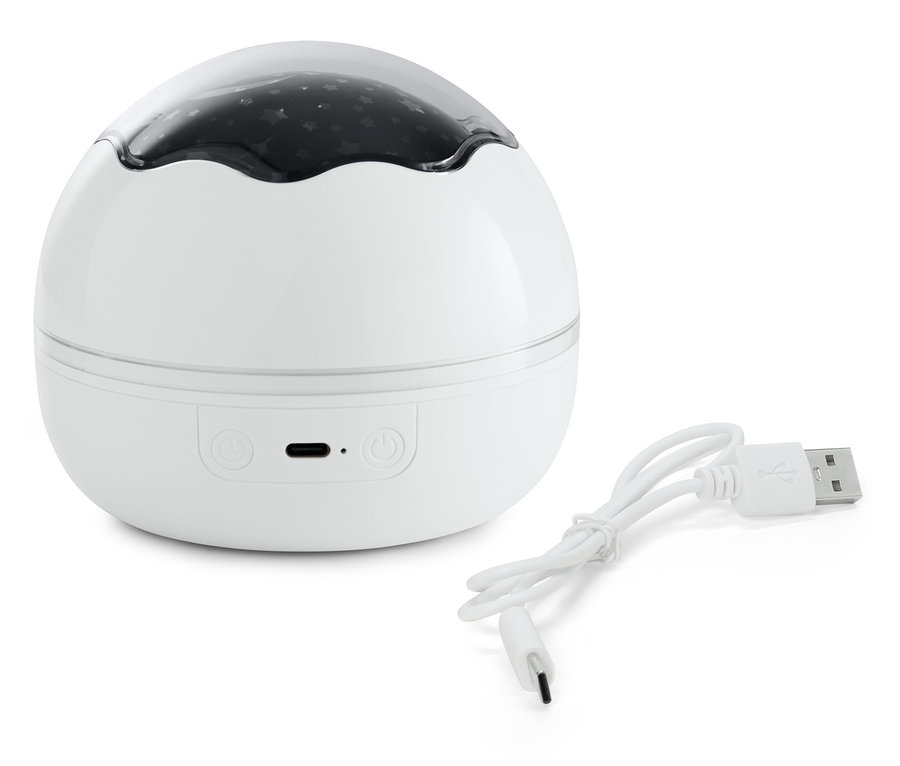 Bílá lampa s hvězdami a USB kabelem.