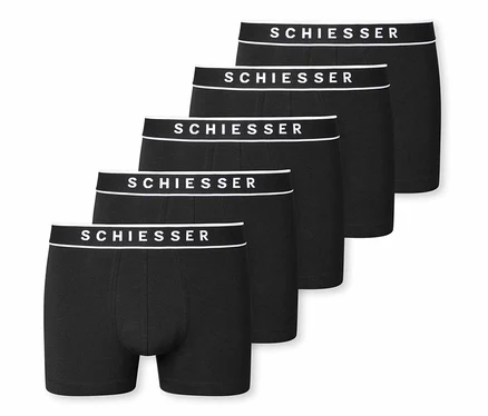 Pětice černých boxerek SCHIESSER s bílým pasem s nápisem značky.