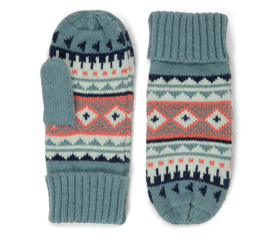 Dvě pletené palčáky v odstínech modré a oranžové s geometrickými vzory.