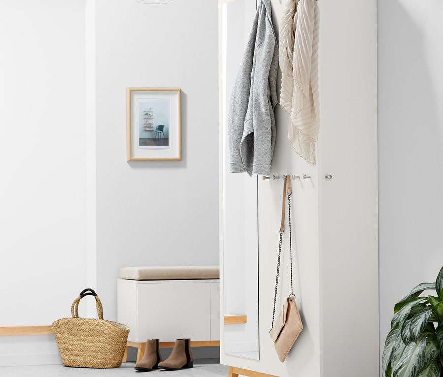 V interiéru je multifunkční skříň do předsíně. Na zdi visí kabát a šála.