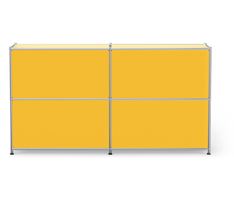 Žlutá skříňka se čtyřmi přihrádkami a stříbrným rámem.